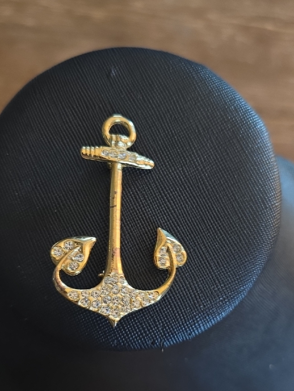 Gold Anchor Brooch with Clear Stones